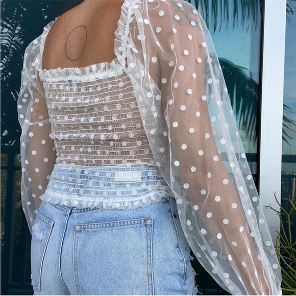 Iris White Sheer Princess Smocked Polka Dot Blouse Top M - Picture 3 of 8